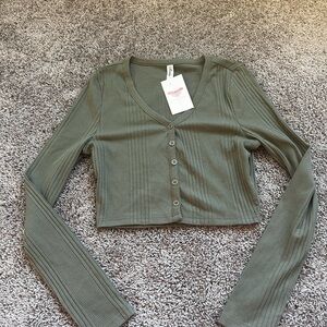 Rosio Sage Green Ribbed Button-Up Blouse